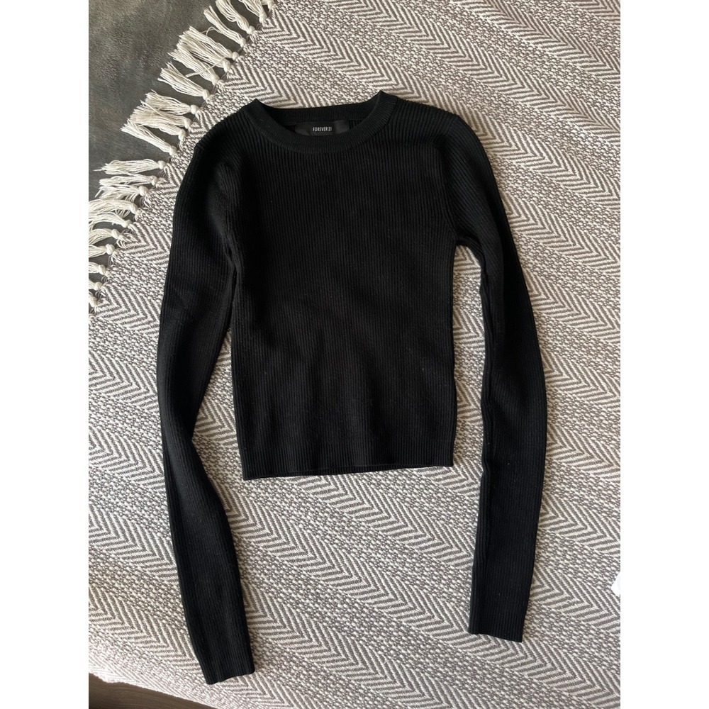 Forever 21 Womens Black Ribbed Knit Long Sleeve Crew Neck Cropped Sweater Small